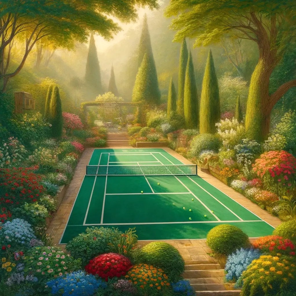 pickleball court in a beautiful backyard garden